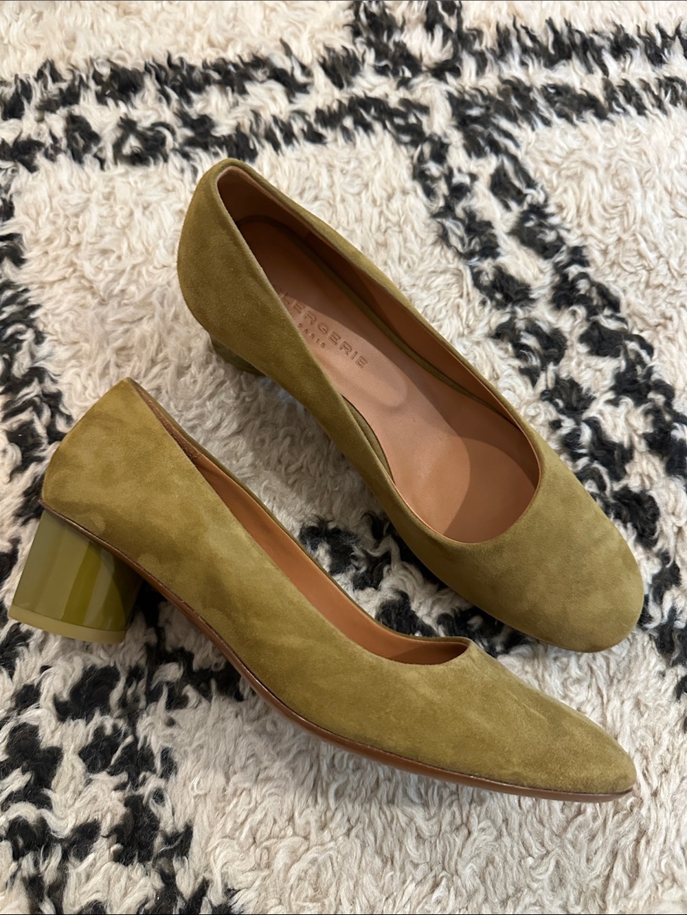 Robert Clergerie Olive Green Suede Block Heel Pumps
